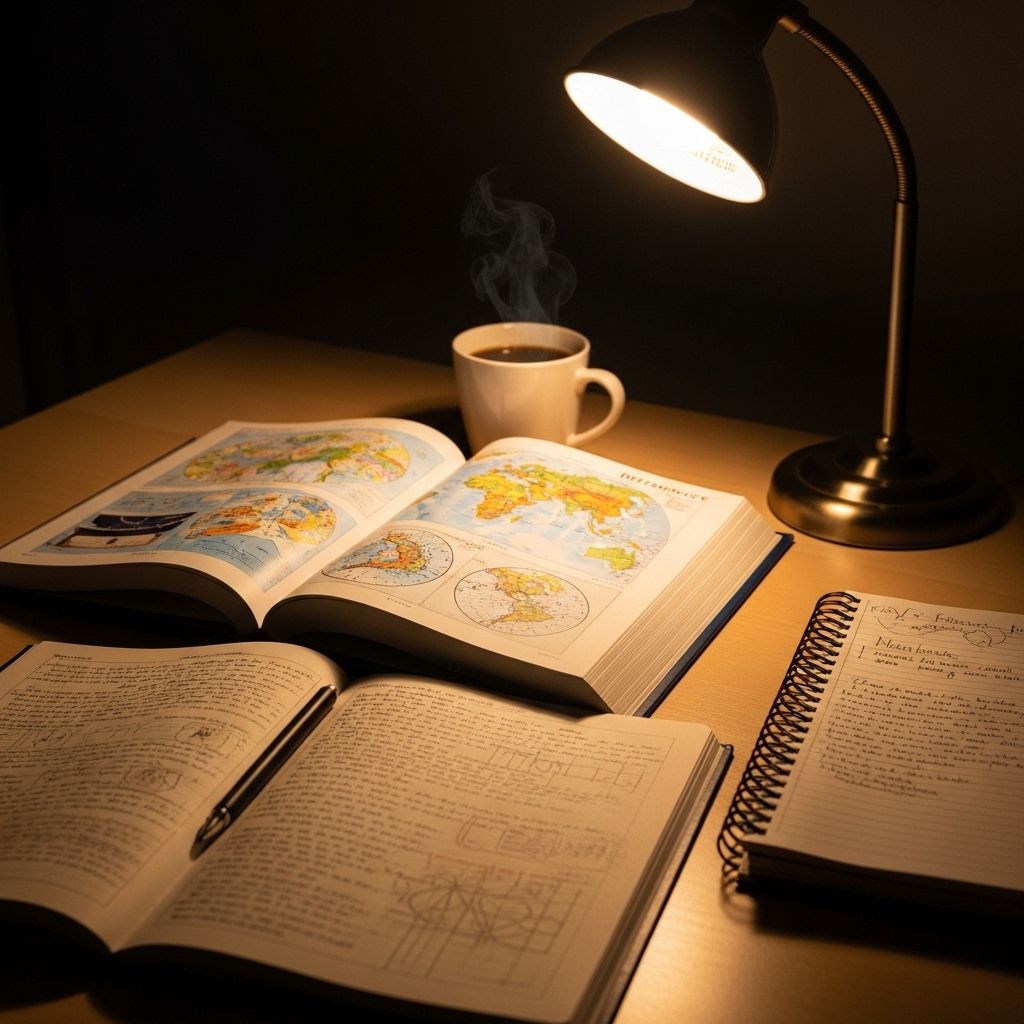 Bureau de travail académique avec des livres de référence ouverts, un carnet de notes manuscrites, une tasse de café et une lampe de bureau allumée, ambiance studieuse et concentrée avec lumière dorée