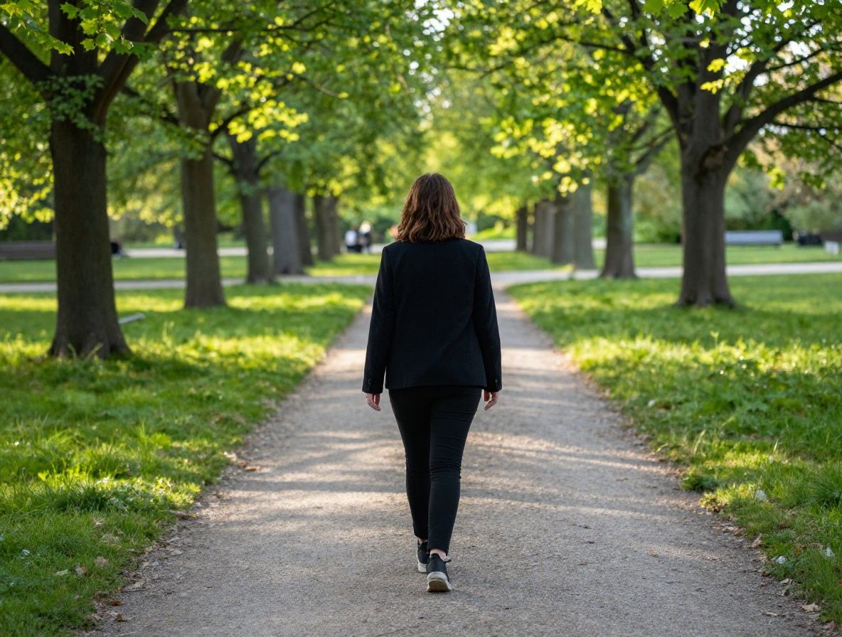 Personne marchant seule dans un parc verdoyant au lever du soleil, silhouette détendue, chemin en gravier entouré d'arbres, ambiance calme et lumineuse