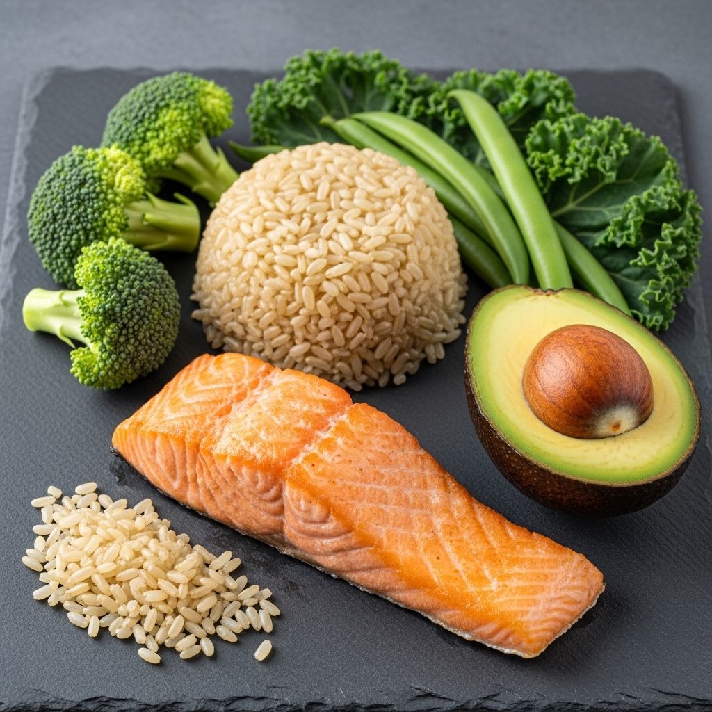 Composition artistique de macronutriments disposés en sections distinctes : riz complet, filet de saumon cuit, avocat coupé en deux et légumes verts crus sur une surface en ardoise grise