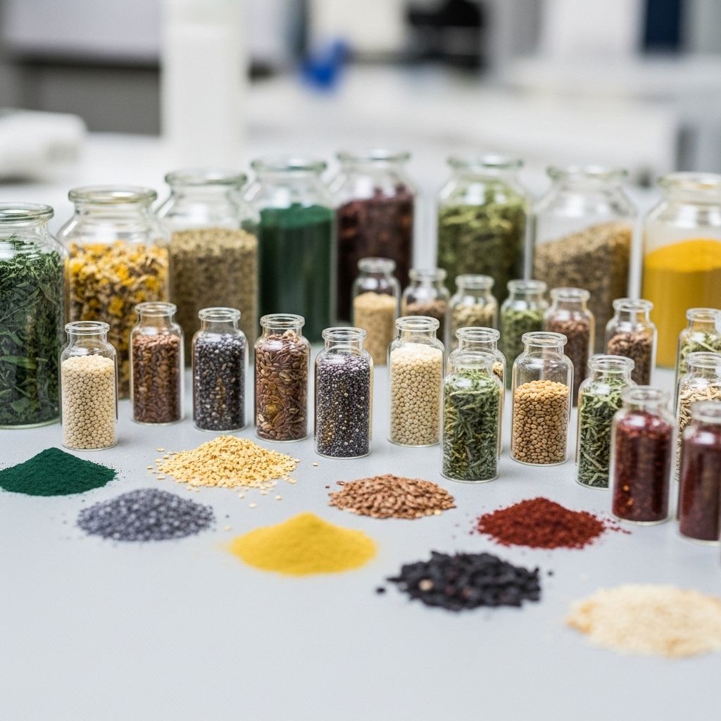 Vue en plongée de plantes médicinales séchées, racines, graines et feuilles vertes disposées sur une table en bois naturel, évoquant les sources végétales des compléments nutritionnels