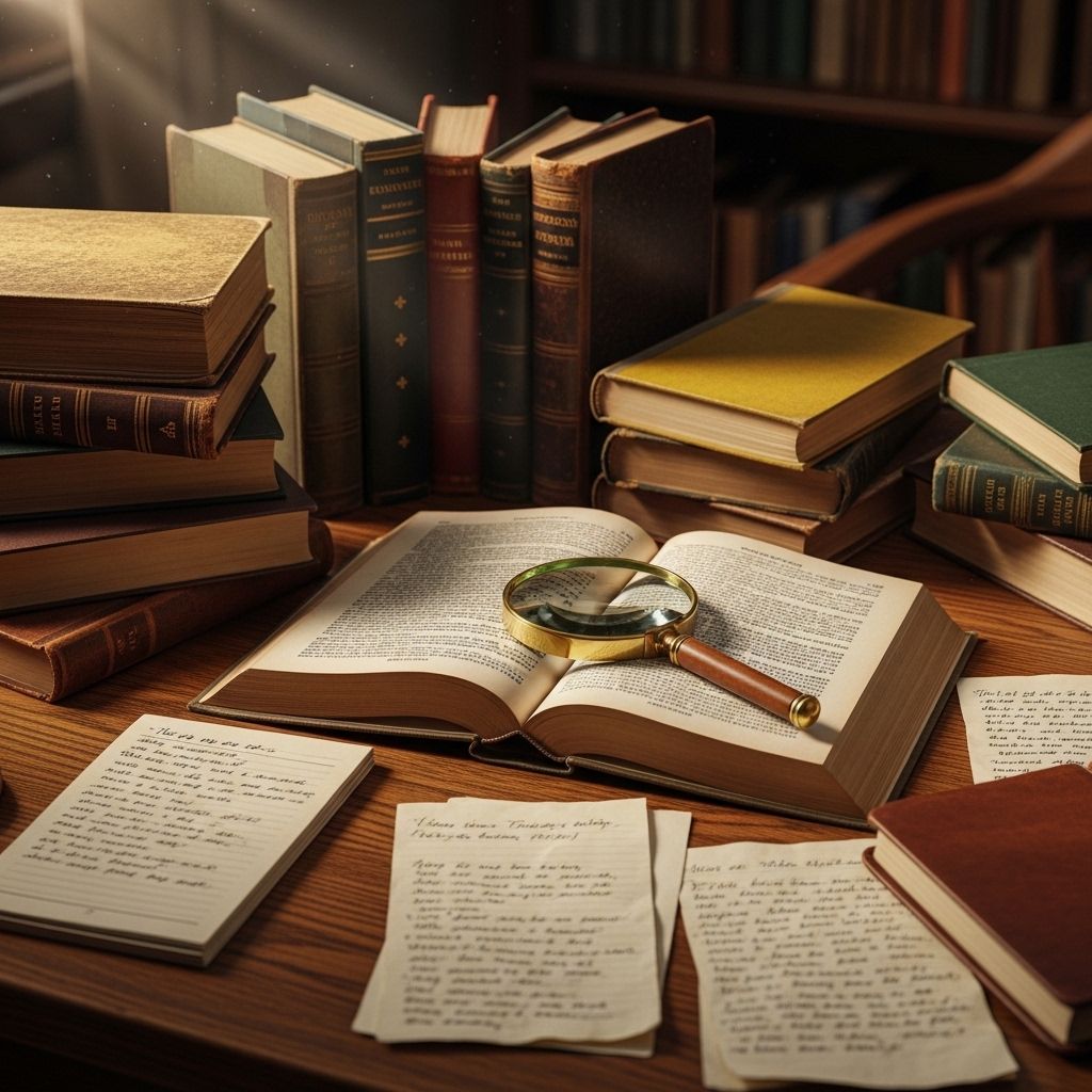 Collection de livres anciens à couvertures cartonnées usées, empilés sur un bureau en bois massif avec une loupe et des notes manuscrites, lumière de bureau chaleureuse, ambiance de recherche académique