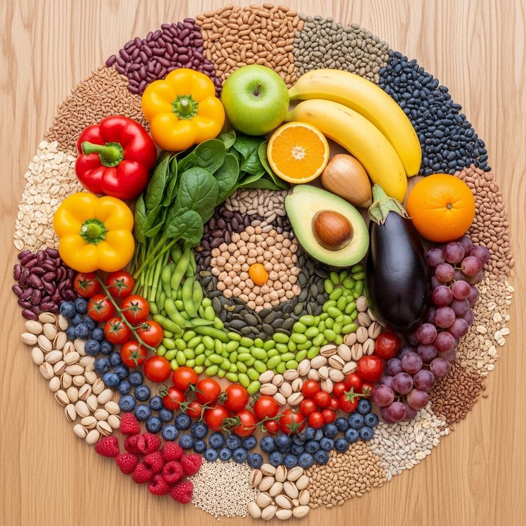 Assortiment coloré de légumes frais, fruits, noix, légumineuses et céréales complètes disposés en cercles concentriques sur une surface en bois clair, représentant la diversité des nutriments essentiels
